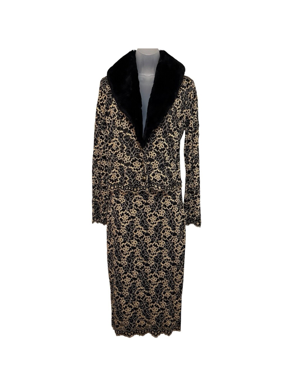Extremely Rare Ann Ferriday Black Cream Lace Fur Cardigan & Skirt Set One Size